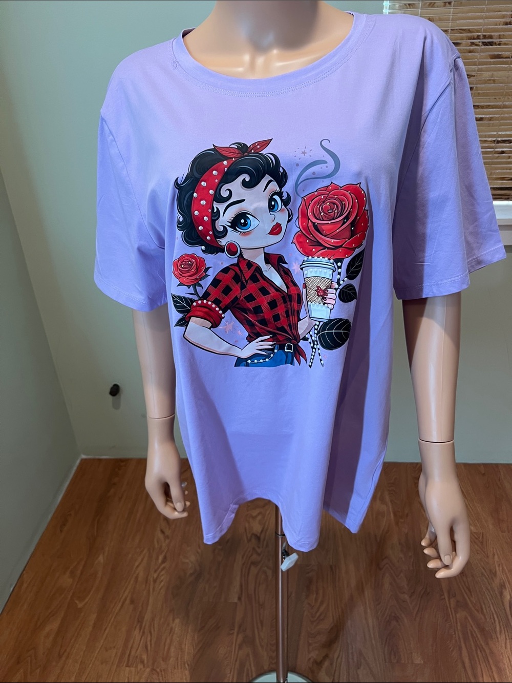 Cute Rhinestone Graphic Tee with Lady Holding Cup of Coffee Size XL